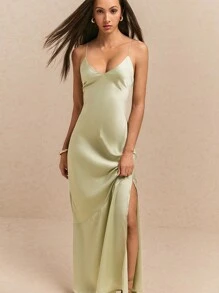 Poéselle Women's Camisole Solid Color Side Slit Hem Dress, Summer Fall Dress, Wedding Event Dress, Prom Party Dress, Homecoming Dress, Green Satin Patchwork Dress, Elegant Effortless Chic 24 FW