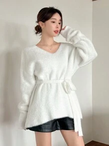 DAZY 女士宽松纯色长袖系带毛衣，秋季女装