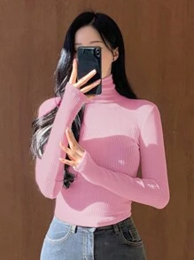 DAZY Women's Solid Color Turtleneck Long Sleeve Ribbed Slim Casual T-Shirt, Spring/Autumn,Fall Women Clothes - Pink - View 3