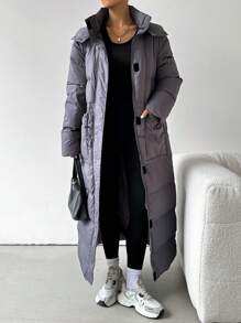 SHEIN EZwear 女士冬季长袖休闲连帽长夹克 - 灰色 - 查看 4