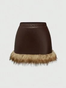 ROMWE Hippie 女式修身时尚个性化设计PU皮革蓬松拼接迷你裙 - 棕色 - 查看 1