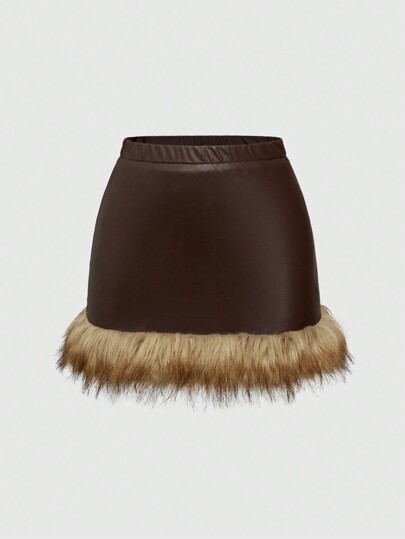 Hippie Women's Slimming Stylish Personalized Design PU Leather & Fluffy Paneled Mini Skirt