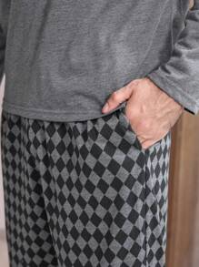 2 stuks heren ronde hals letter print lange mouwen top en geruite zak lange broek nachtkleding set