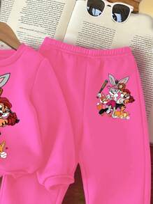 SHEIN 2 件套女宝宝休闲简约长袖上衣和裤子套装，加厚，适合秋冬季 - 玫紅色 - 查看 5