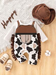 SHEIN Mono de vaquero del oeste lindo para bebé niño con flecos, estampado de vaca, manga larga, adecuado para todas las estaciones, excelente para disfraces de Halloween, sesiones de fotos y fiestas - Blanco - Ver 1