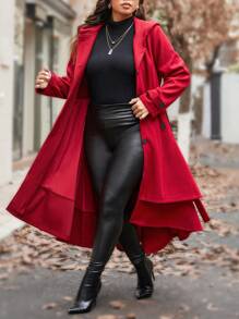 SHEIN Unity 大码女式优雅双层下摆连帽长袖针织大衣，秋冬款 - 酒紅色 - 查看 5