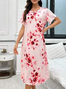 Camisón con cuello redondo de manga corta con estampado floral y volantes para mujer - Multicolor - Ver 6