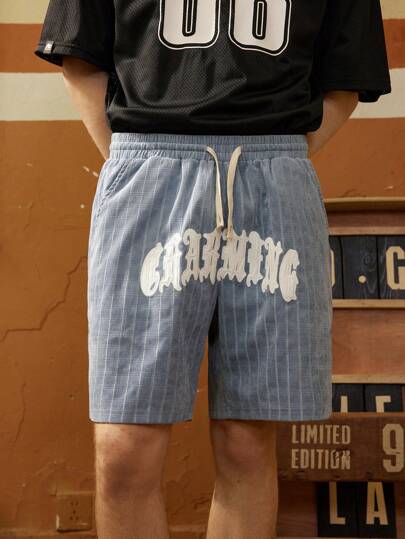 Manfinity Sport Corelite Boyfriend Style Men's Drawstring Pocket Fashionable Letter Print Striped Sports Shorts Sweat Pants