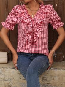 SHEIN LUNE Camicia casual a quadri con scollo a V con volant