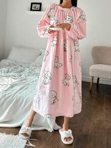 DAZY Cute Dog Pattern Flannel Ruched Design Loose Nightgown