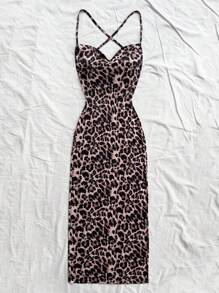 Soleia 休闲浪漫假日豹纹垂领露背系带连衣裙 - 彩色 - 查看 3