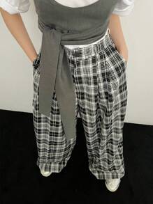 DAZY Pantalones casuales holgados de mujer a cuadros - Blanco y Negro - Ver 6