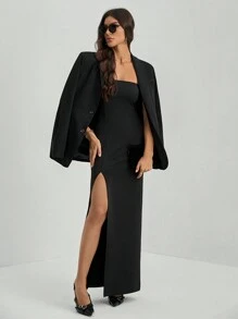 SHEIN Tall Women's Plain Split Bodice Summer Dress - Black - View 7