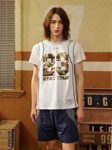 SHEIN Basketball 男友风格男士迷彩数字印花圆领日常健身运动背心返校健身服徒步服短款汗衫纯色 T 恤 - 白色 - 查看 7