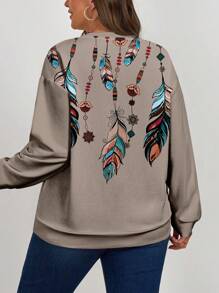 EMERY ROSE Plus Size Women's Autumn/Winter Casual Retro Feather  Pattern Long Sleeve Loose Pullover Sweatshirt