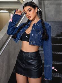 SHEIN EZwear 女士纽扣式长袖时尚街头风格短款牛仔夹克 - 深色水洗藍 - 查看 4