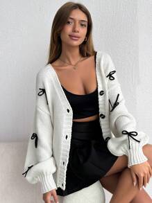 EURMUSE Ribbon Accessory Detailed V-Neck Drop Shoulder Cardigan - Beige - View 4