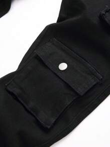 Manfinity LEGND Men's Button Decor Denim Jeans, Plain Slim Fit Dark Jeans Long Plain Black Washed Cargo Jeans, For Husband, Boyfriend Gifts - Black - View 6