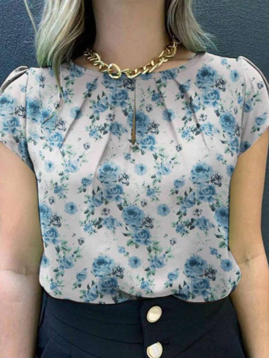 EMERY ROSE Summer Casual Ditsy Floral Puff Sleeve Shirt,Short Sleeve Tops - Blue - View 1