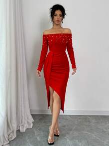 Selianne Đầm bodycon hở vai tay dài xếp nếp xẻ cao thiết kế ngọc trai cho nữ thời trang năm mới - Đỏ - Xem 3