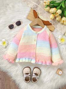 女婴开衫，长袖圆领针织毛衣，袖口和下摆荷叶边饰边，休闲可爱的设计，柔软舒适，适合日常穿着、外出、旅行、度假、居家、日托、学校、春季、秋季和冬季 - 橘色 - 查看 1