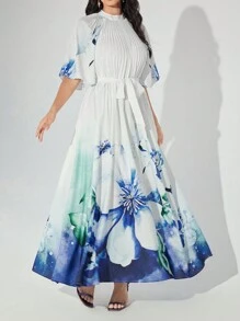 Modelyn فستان سهرة طويل بنقشة زهور مطبوعة، بسيط للاستعمال اليومي، مزين بحزام عربي - متعدد الألوان - مشاهدة 1