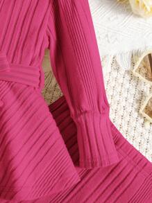 SHEIN Leap Crew 2pcs Baby Girls' Solid Color Simple Knitted Hoodie Sweater And Pants Set, Autumn/Winter - Hot Pink - View 6