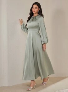 Veilorie Women's Elegant Solid Color Lantern Sleeve Long Dress, Spring & Autumn Modest - Green - View 4