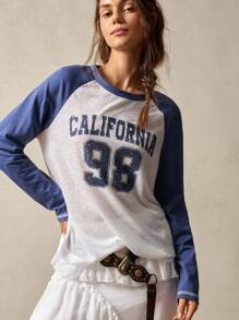 Bohemela Casual Contrast Color Raglan Sleeve Loose Sheer Fabric Letter Print T-Shirt For Women Homecoming Fall Winter Khaki First Day Of School Vacation BOHO