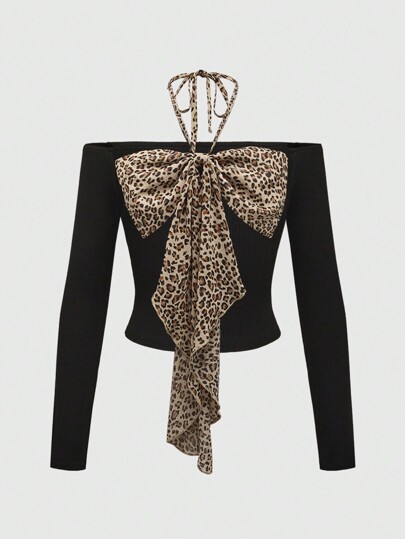 J-Fashion Maglietta da donna a spalle scoperte con fiocco e stampa leopardata in stile retrò Y2K