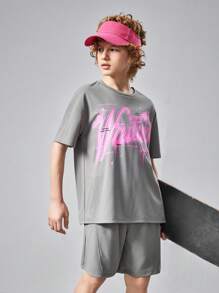 SHEIN Tween Boy Knitted Solid Color Letter Print Short Sleeve T-Shirt And Shorts Casual 2pcs/Set - Grey - View 5