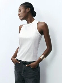 Maija Damski, brokatowy, patchworkowy, okrągły dekolt, swobodny top, nowoczesny miejski design, lato