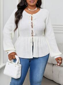 SHEIN Lady Autumn And Winter Elegant White  Worsted Round Neck Flared Bow Front Long Sleeve Plus Size Sweaters - White - View 6