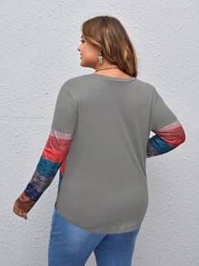 SHEIN LUNE Plus Size Casual Color Block Patchwork T-Shirt Thanksgiving - Light Grey - View 2