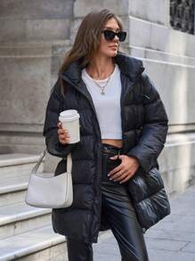 EURMUSE Black Puffer Zipper And Hoody Detailed Winter Coat - Black - View 6