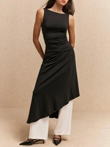 Poéselle Robe midi évasée sans manches à col ras-du-cou unie pour femmes, vêtement chic et essentiel sans effort, élégante Bridgerton