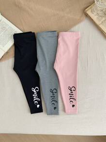 SHEIN LMoss Kids LMoss 女婴弹性腰带字母印花休闲紧身裤 - 彩色 - 查看 1