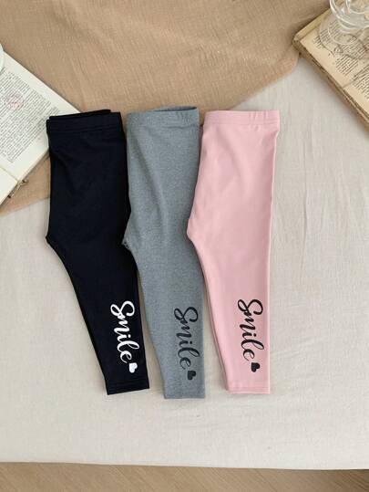 SHEIN LMoss Kids LMoss 女婴弹性腰带字母印花休闲紧身裤