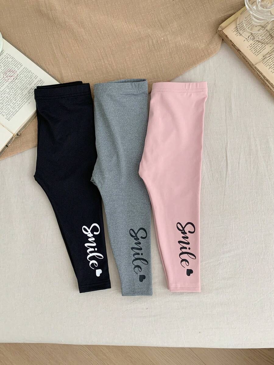 SHEIN LMoss Kids LMoss 女婴弹性腰带字母印花休闲紧身裤 - 彩色 - 查看 1