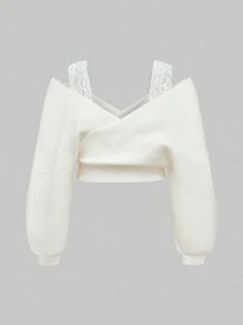 ROMWE Spring Valentine's Day Vacation White Plus Size Sexy V-Neck Cold Shoulder Contrast Lace Sweater - White - View 1