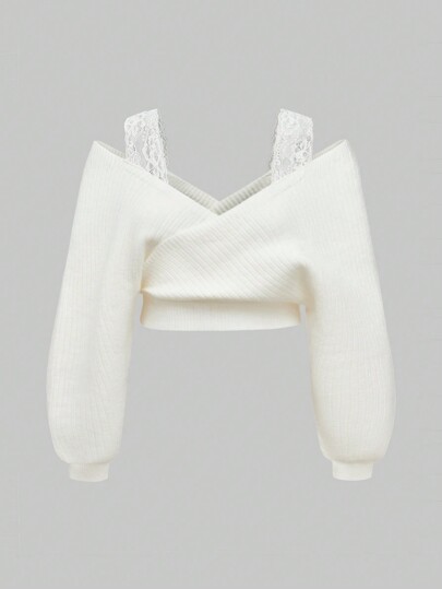 Plus Size Sexy V-Neck Cold Shoulder Contrast Lace Sweater