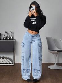 SHEIN ICON 女式多口袋宽腿宽松休闲牛仔裤 - 霧霾藍 - 查看 5