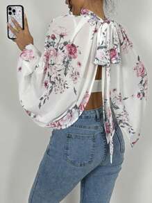 Chiquease 女士優雅花卉印花立領開叉擺燈籠袖春夏襯衫 - 白色 - 查看 2