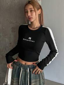DAZY Women's Tight-Fitting Colorblock Letter Print Cropped Crew Neck T-Shirt,Fall Clothes Preppy Tops Long Sleeve Women Tops - Black - View 7