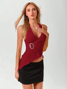 Aloruh Top de cuello halter de punto con botones de metal para mujeres