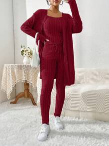 SHEIN Essnce 3pcs/Set Women's Loose Cardigan, Cami Top And Skinny Pants - Burgundy - View 5