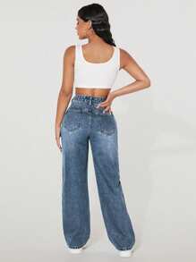 SHEIN PETITE Jeans de mezclilla casual simple con bolsillo delantero con botones y desteñidos para mujer - Neblina azul - Ver 2