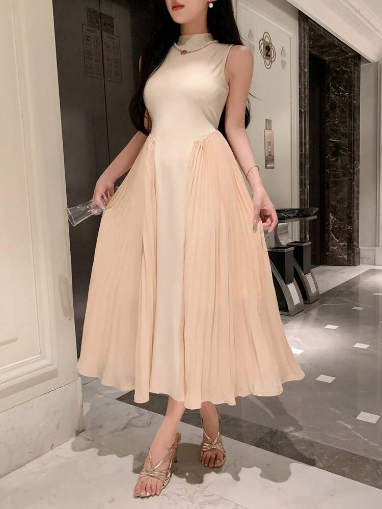 Women's Sleeveless Round Neck Pleated Patchwork Dress Prom Dress, Fall Clothes Elegant Women Dress Cocktail Dress