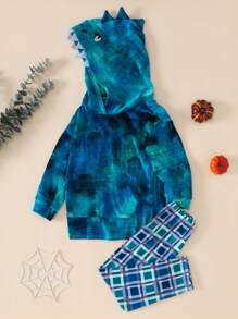 2pcs/Set Young Boy Simple Dinosaur Pattern Plaid Pants And Fleece Hoodie Loungewear Set - Multicolor - View 6