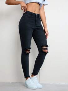 Flexra Simple Solid Front Button Ripped Pockets Casual Denim Pants, Daily Wear - Black - View 5